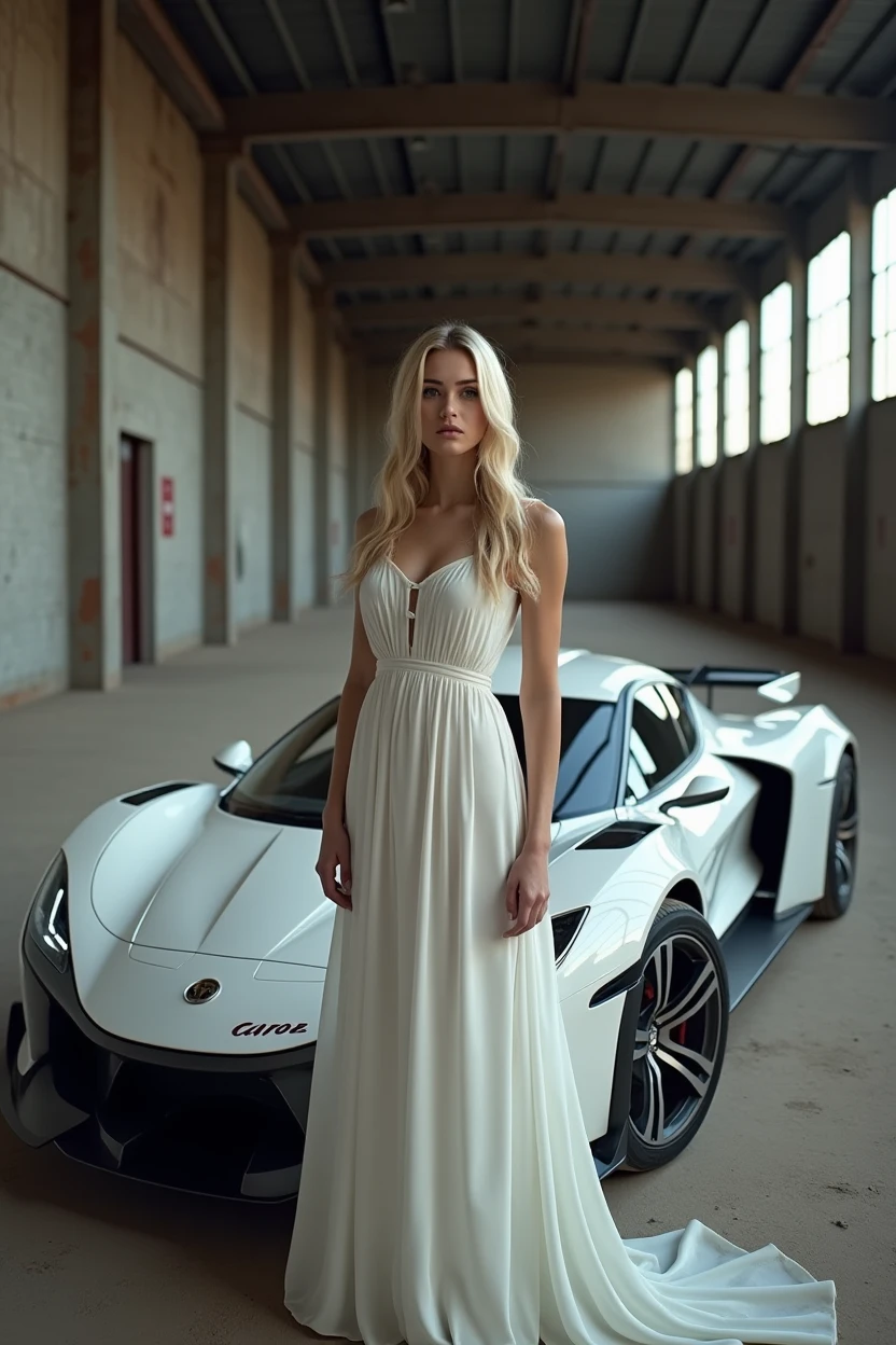 photo by Alisonbry111, wear white (nightgown), Close-up, whole body, (highly detailed skin:1.2), cyber futuristic car, It is parked in an abandoned industrial warehouse., cracked car/rusty/metal, image de melhor qualidade, image:1.4/8 K/uhd, (Photorealist:1.4), White car