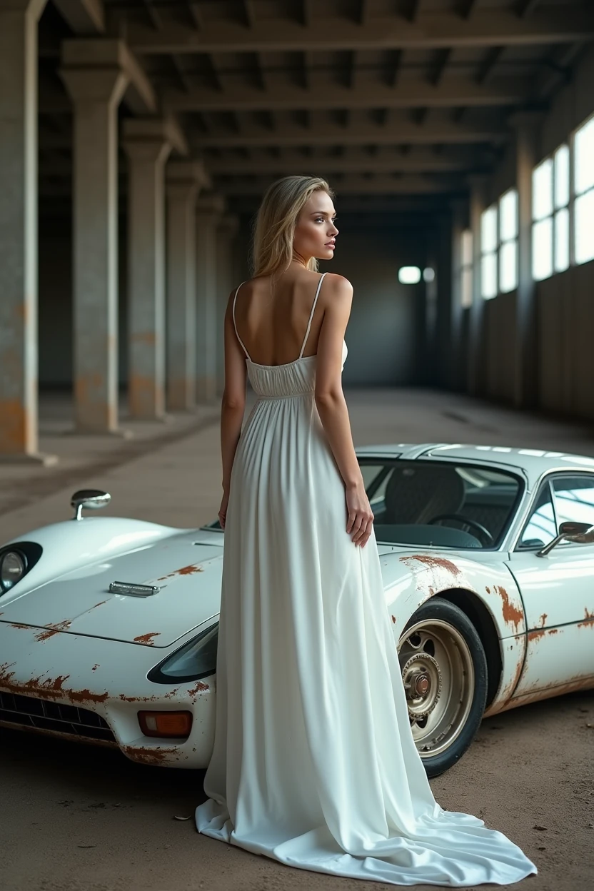 photo by Alisonbry111, wear white (nightgown), Close-up, whole body, (highly detailed skin:1.2), cyber futuristic car, It is parked in an abandoned industrial warehouse., cracked car/rusty/metal, image de melhor qualidade, image:1.4/8 K/uhd, (Photorealist:1.4), White car