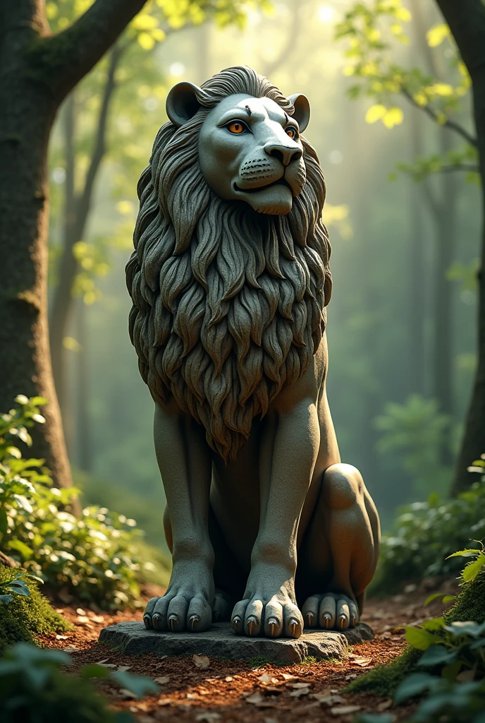 A Stone Statue Of A Lion With Mud, In a Beautiful and Realistic Forest 