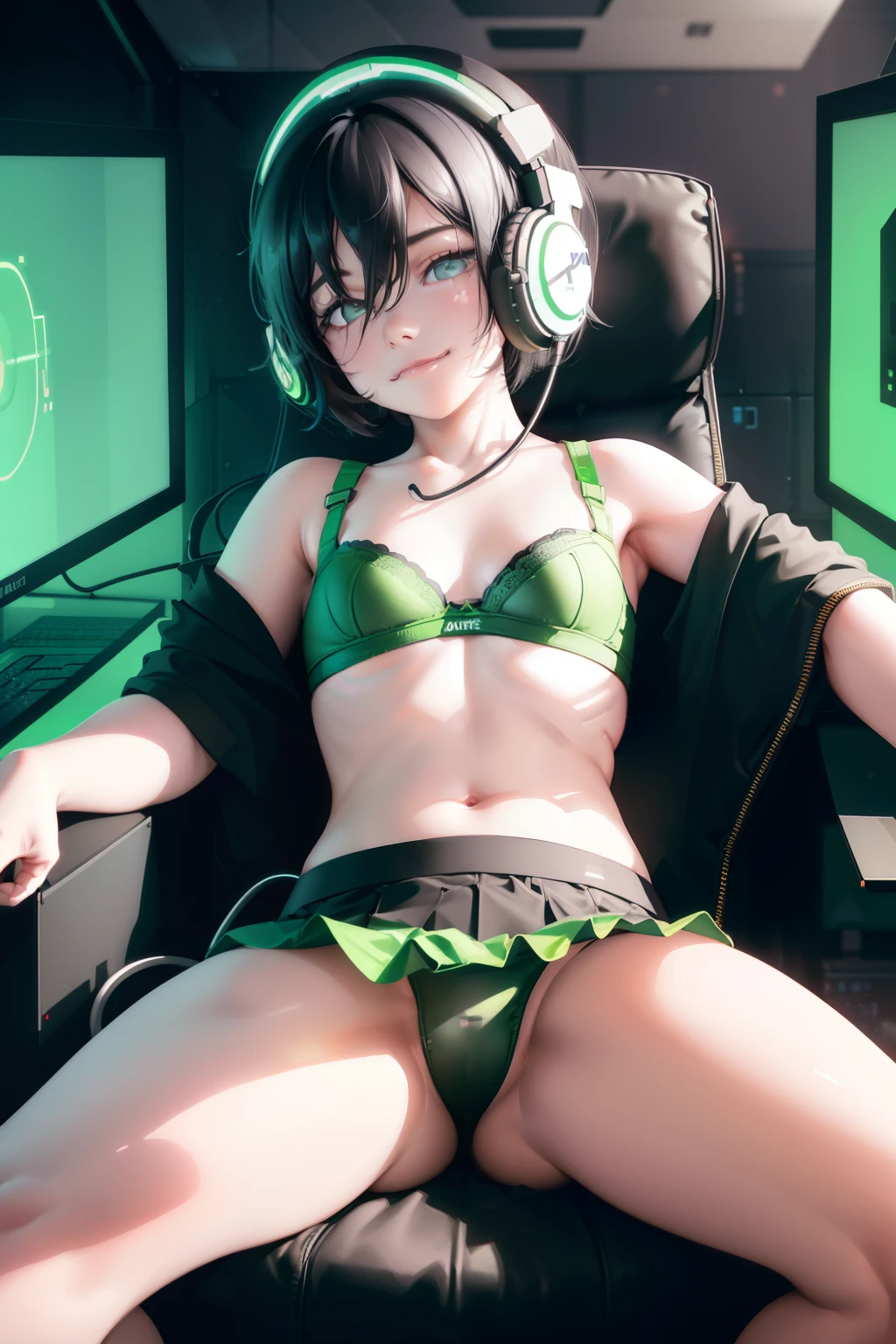 (ultra realistic, girl, short black hair , smug  smile , sarcastic , headphones, sitting, slumped in an armchair, in a futuristic cabin, surrounded by monitors, and olographic screens , view from above, green lights, flat chest, pre-. She looks with smug ,  bra , mini-skirt, visible panties. open legs 
