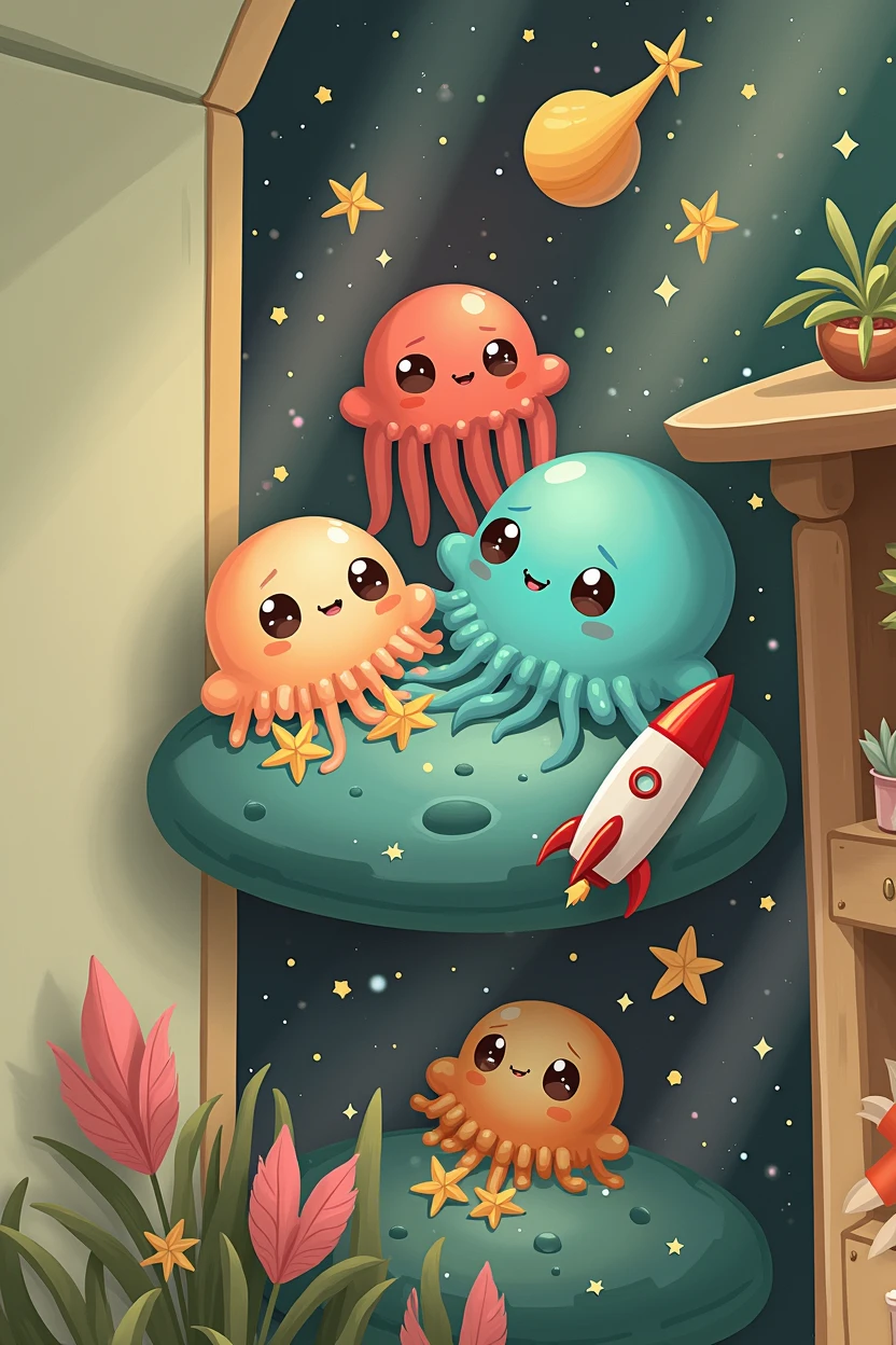 galaxy, rocket, jellyfish, shooting star, cute art. Chibi, digital art. Cozy calm, more