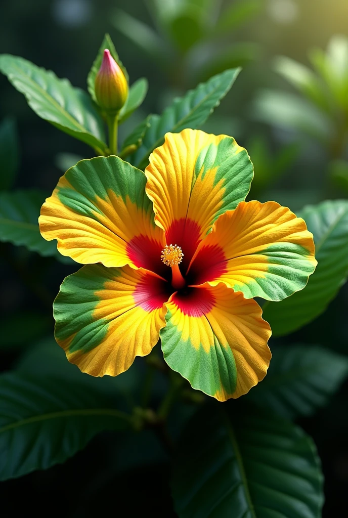 Create a green and yellow hibiscus flower