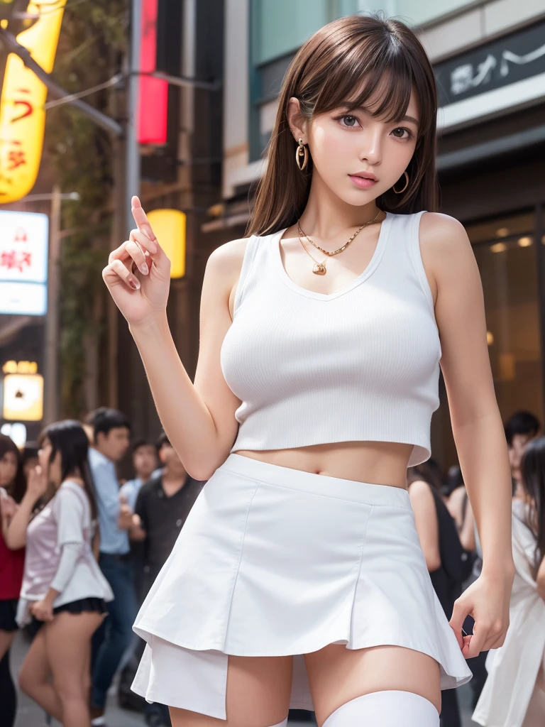 Product quality,1 girl,Cowboy Shot,Front view,Young and sexy Japanese girl,20-year-old,Harajuku,(Crowded street:1.4),Stylish blue shirt,wear,Fashionable bags,Fashionable necklaces,Fashionable earrings,((White super short micro mini skirt:1.5)),wear,Very cute face,Glossy Lips,Double eyelids on both eyes,(Natural Makeup),shiny smooth light brown long hair,,,Asymmetrical bangs,Center image,8k resolution,Attention to detail,Detailed hairstyle,Detailed face,Cinema Lighting,Octane Rendering,Ultra-realistic,Perfect limbs,(Detailed fingers:1.5),Beautiful legs,Voluptuous thighs,Huge breasts,Perfect Anatomy,(Model pose:1.3)