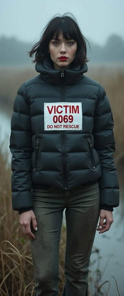 woman, bib "VICTIM 0069 DO NOT RESCUE", moncler ultra-short sporty collar only down jacket, muddy flared jeans, stuck in mud bog,pale ethnic patterns ritual makeup, cold, red lips, sexy posing, bob haircut, red fog, black, posing