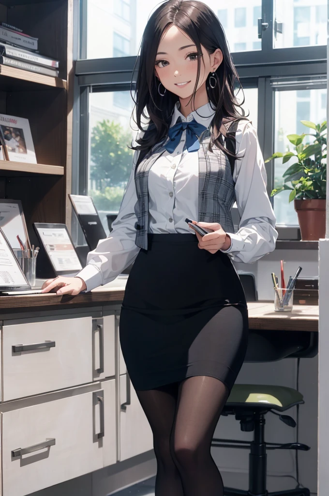 (Best Quality, Masterpiece),Wearing a pink plaid vest, White short sleeved shirt, Gray pencil skirt, Wear stiletto heels, Necklace, earrings, Cute face, Smile, Blushing, Shyness, Glass wall, Ultra Detail, Realistic, Front view, Whole body, stunning, cute, warm smile, hourglass figure, apron, text, chart, advertising, magazine title(Best Quality, Masterpiece), Mag((((1ladyl,)))) (masterpiece), (realistic), (best quality), (ultra-detailed), (wearing in [[white and gray check pattern]] Vest worn over white collared long-sleeved shirt:1.4), (gray vest with buttons:1.2), (Pink Theme:1.2), (blue ribbon ribbon:1.3), (Black theme:1.4), (Tight black pencil skirt:1.5), ((Brown pantyhose)), (high-heels:1.1),longskirt,office desk, office chair,Lulubre Unity 8K Wallpaper, pantyshot, long brown hair, office lady Magazine Cover, 1girl,  amazing, girl, 30 years old, house wiife, warm smile, hourglass figure, text, chart, advertising, magazine title