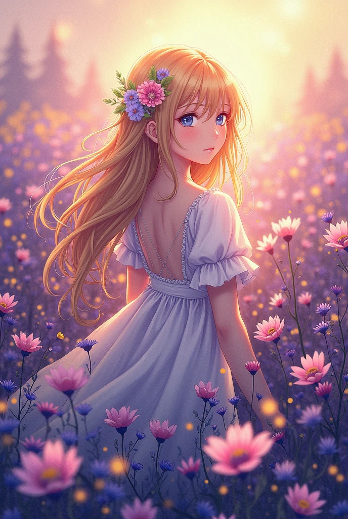 Violette evergarden on a flowery and bright background but painted with colors that a colorblind person can see 
