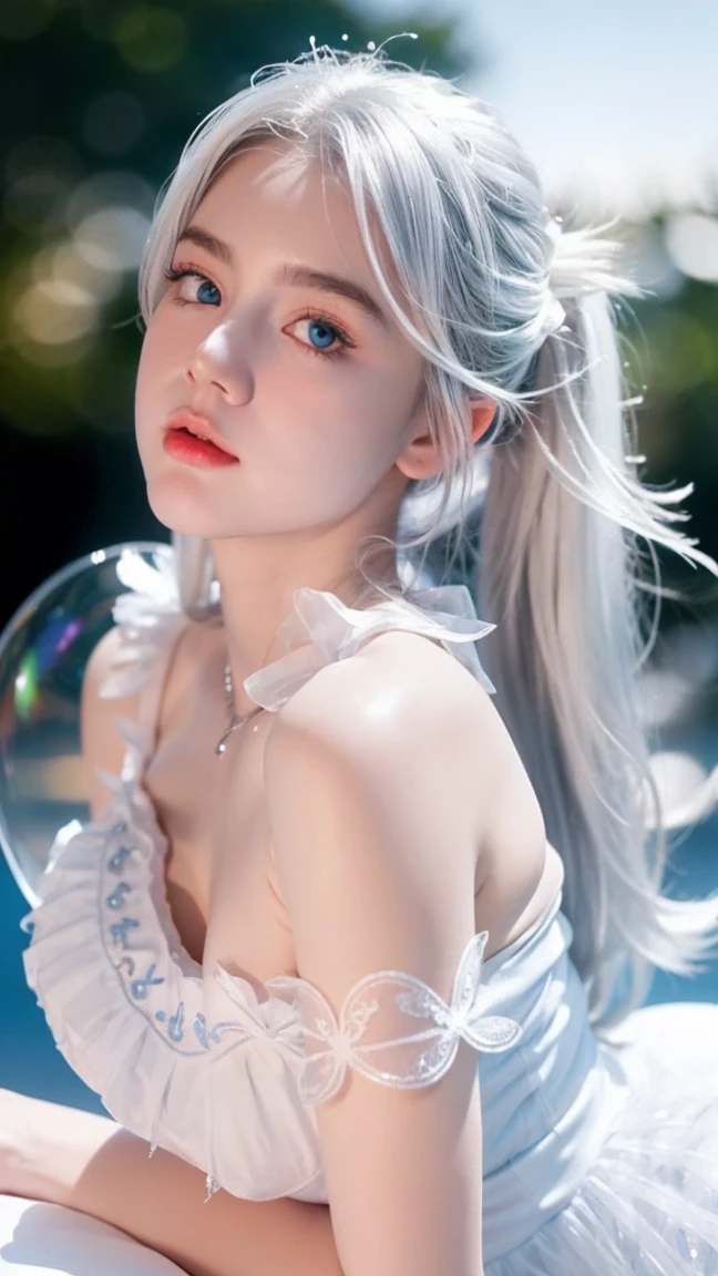 Georgeous, Beautiful, Cute, Baby Face, 18 Years Old, White Skin, Cleavage, ((Large Colossal Breast:1.3)), Sleeveless, Off Shoulder, Strapless, ((Transparent:1.3)), ((White Long ****ta Dress)), (Embroidery), Posing, ((Silver Hair)), ((Bright Blue Eye)), ((Muscles:1.3)), ((Bokeh:1.3)), Animal Farmer Background, Masterpiece, Twintails