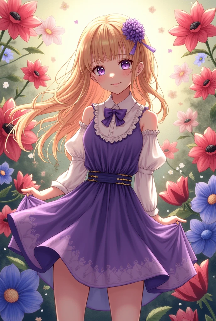 Violette evergarden on a flowery and bright background but painted with colors that a colorblind person can see