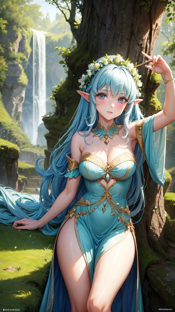 une princesse elfique très  avec une poitrine généreuse dans une robe étincelante au milieu d'une forêt enchantée 