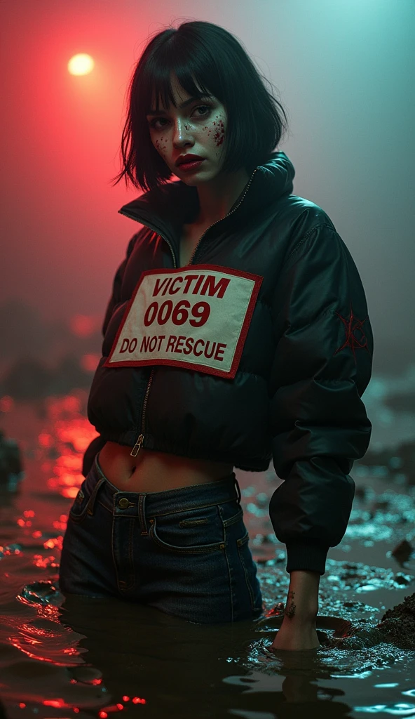 woman, bib "VICTIM 0069 DO NOT RESCUE", moncler ultra-short sporty collar only down jacket, muddy flared jeans, stuck in mud bog,pale ethnic patterns ritual makeup, cold, red lips, sexy posing, bob haircut, red fog, blue, green, posing