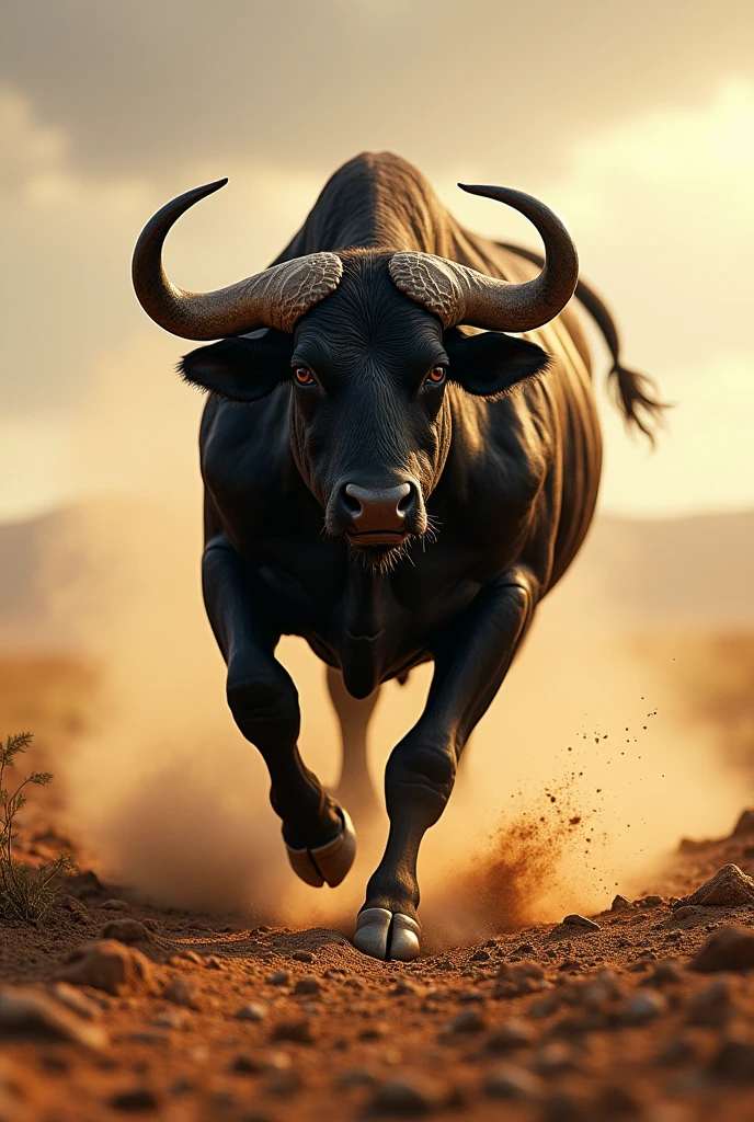 Black bull running through arid field 