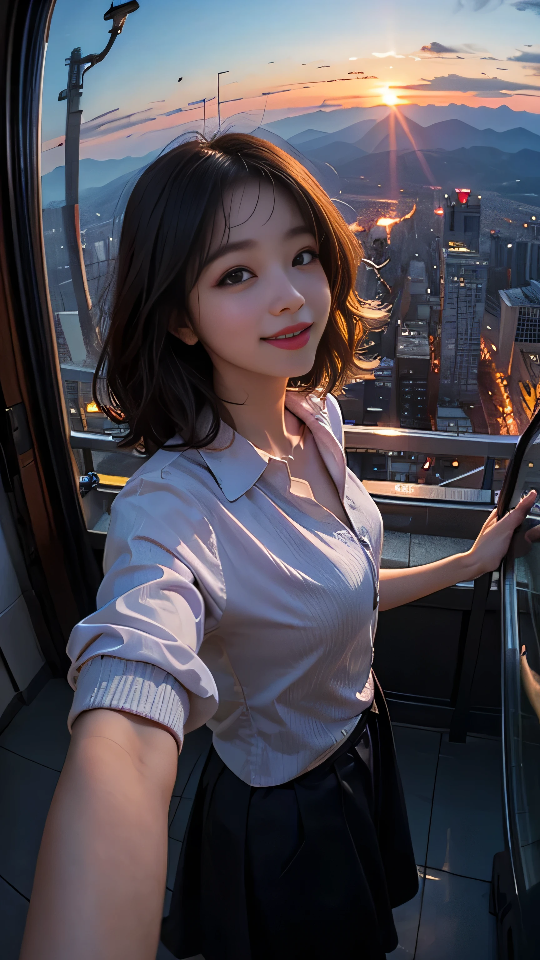 One girl, Korean, Fisheye Lens, Selfie, Wind, Messy Hair, sunset, Cityscape, (Aesthetics and atmosphere:1.2),smile