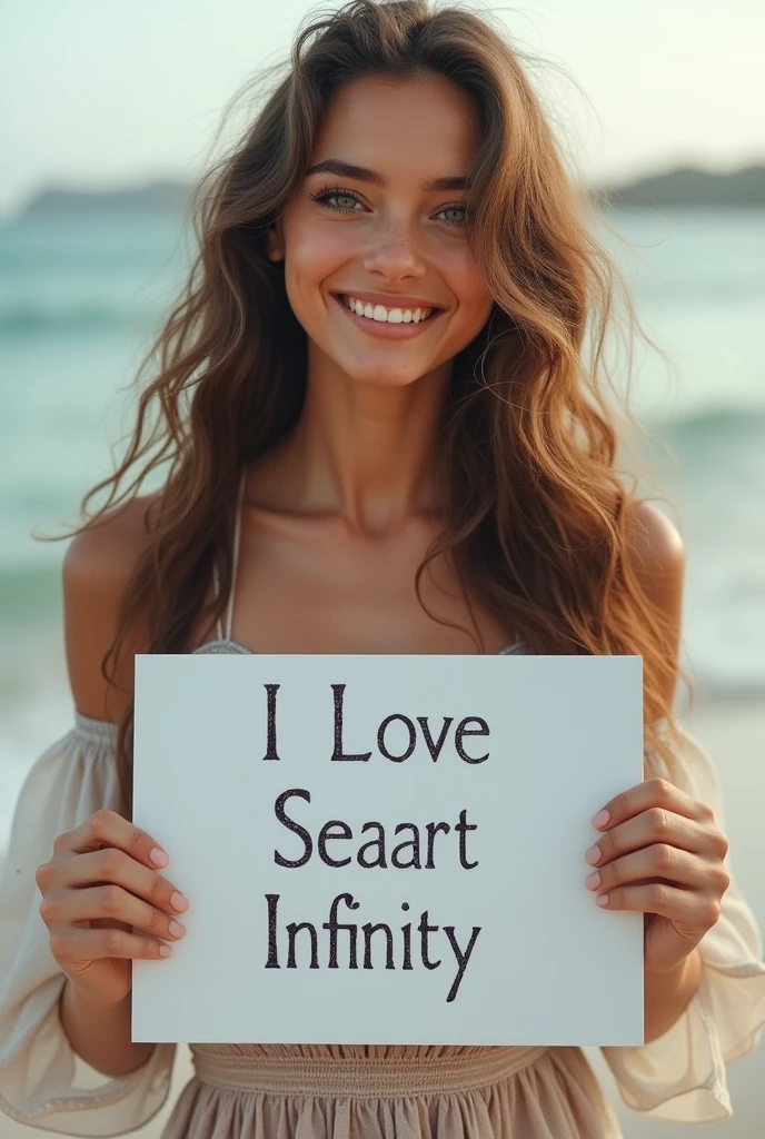 Beautiful girl with wavy long hair, bohemian dress, holding a white board with text "I Love Seaart Infinity" and showing it to the viewer