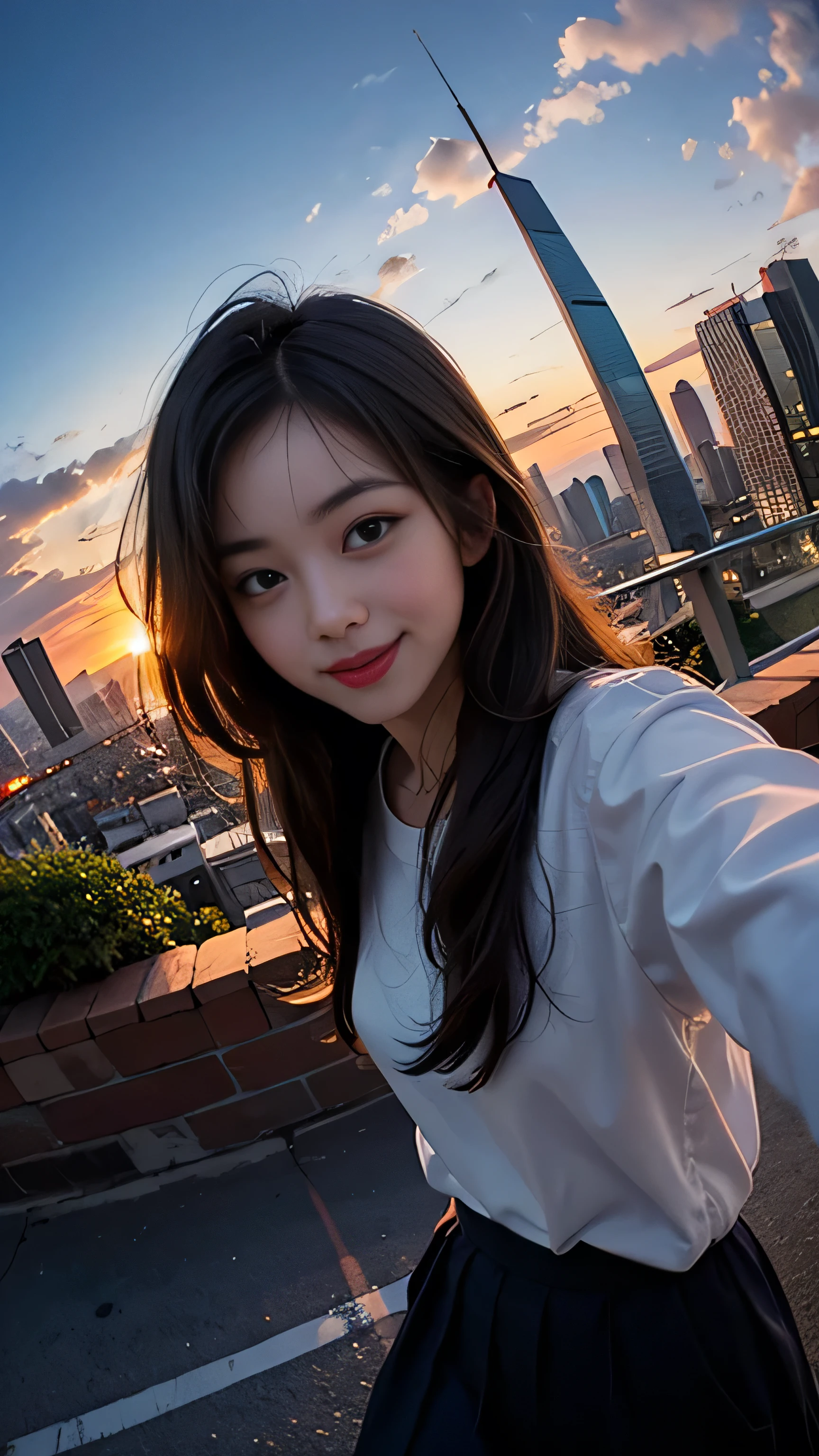 One girl, Korean, Fisheye Lens, Selfie, Wind, Messy Hair, sunset, Cityscape, (Aesthetics and atmosphere:1.2),smile