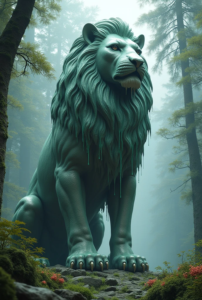 A Giant Stone Statue Of A Lion With Slime, In a Beautiful and Realistic Forest 