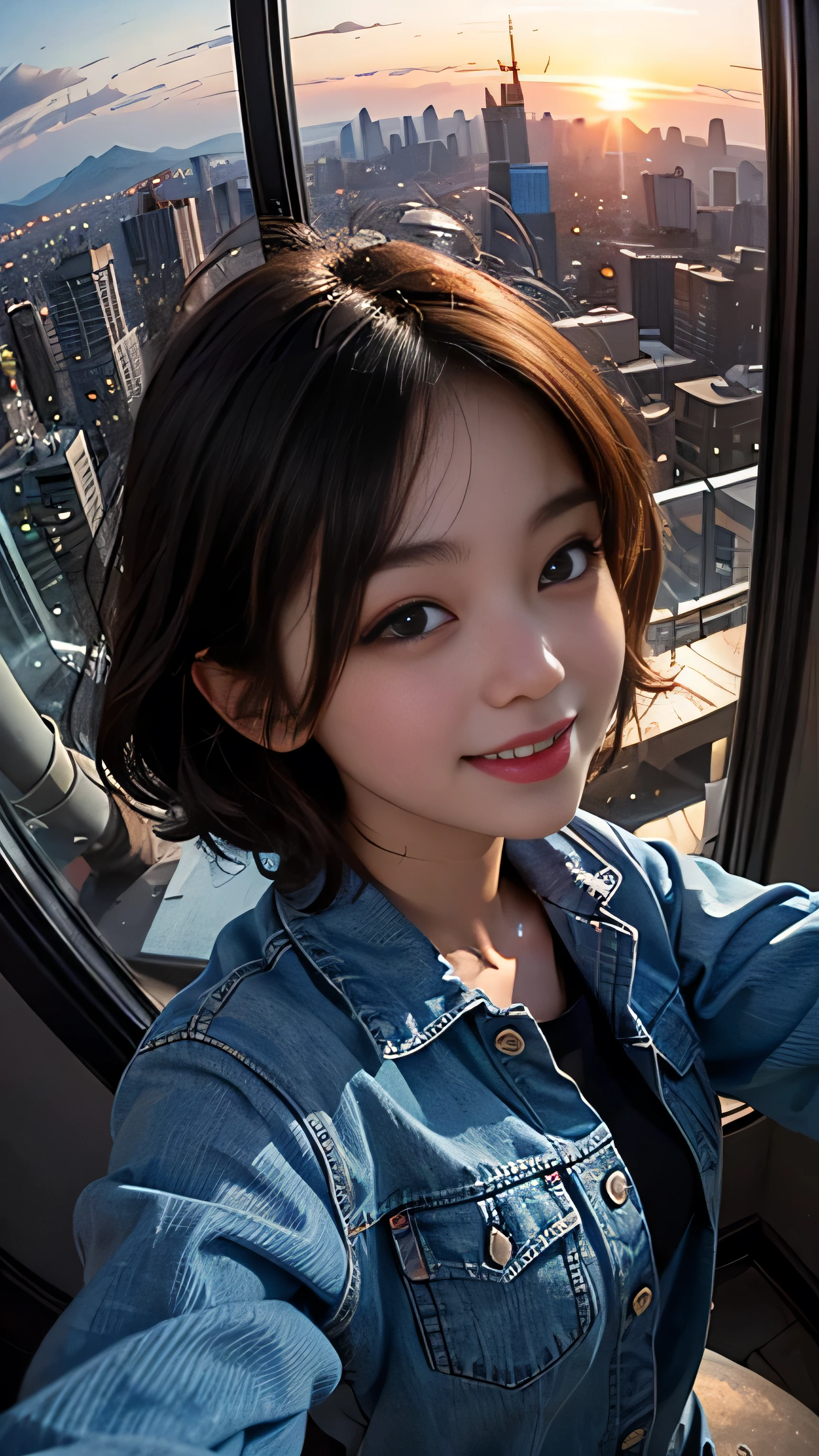 One girl, Korean, Fisheye Lens, Selfie, Wind, Messy Hair, sunset, Cityscape, (Aesthetics and atmosphere:1.2),smile
