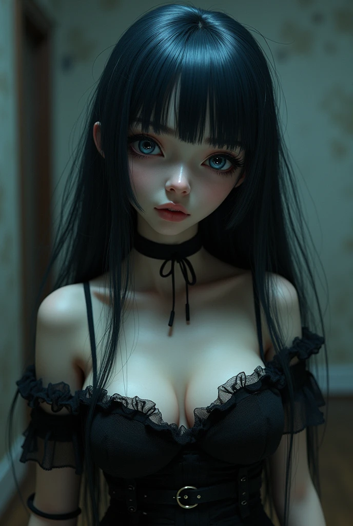 Baby Face limbs to be tied up Beauty Big Breasts Gothic ta dress is messed up and her nipples are exposed Pussy Long, almost blue, black hair that looks motionless like a Kokeshi doll Bangs are aligned in a straight line A mature-looking person