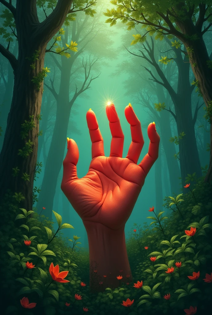 A dark green background with leafy shades of same colour and the title is hand of hope on ared hand