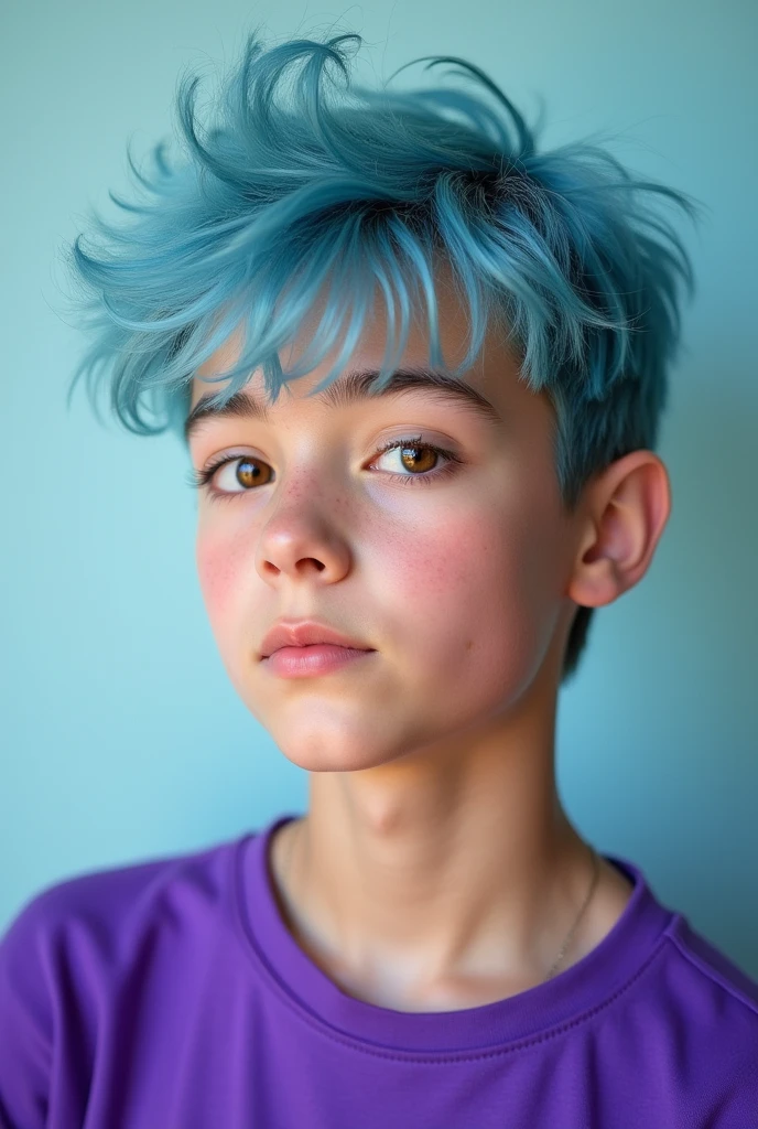 Teenage boy with dyed light blue hair and brown eyes wearing purple shirt