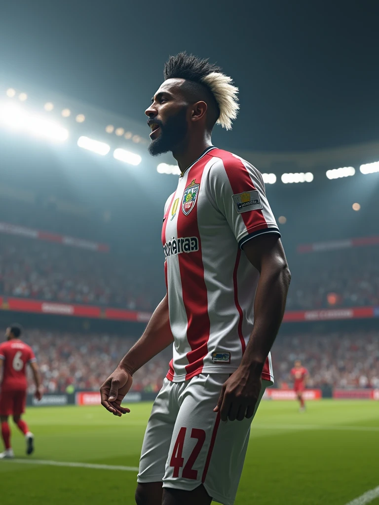 Imagine a football player wearing the black and white "Corinthians" football team jersey. He is celebrating a goal. He is a black man, with half black and half white hair. His beard is also white. He is standing with his back turned, with his face slightly turned to the side. He is in a crowded football stadium, and everyone is celebrating his goal. Ultra realistic 8k quality. Extremely detailed.