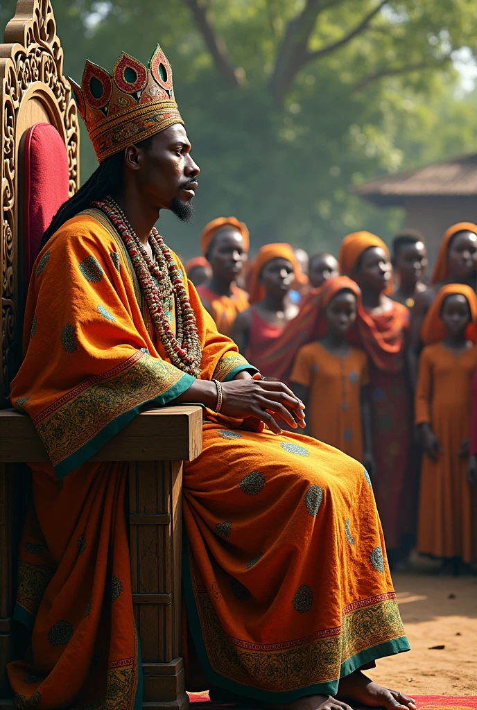 A Yoruba king in yoruba king attire coming to sit on the chair in a side view ( include the chairs) while the gathering of the village are watching him coming towards the chair