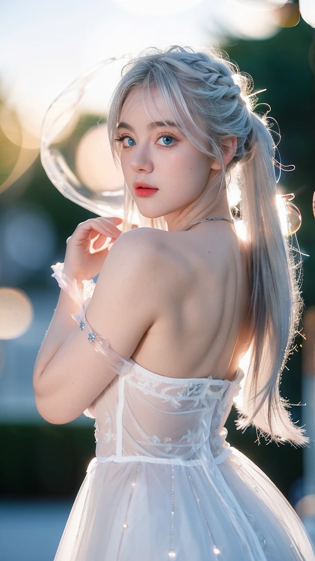 Georgeous, Beautiful, Cute, , 18 Years Old, Whitkin, Cleavage, ((Large Colossal Breast:1.3)), Sleeveless, Off Shoulder, Strapless, ((Transparent:1.3)), ((White Long Lolita Dress)), (Embroidery), Posing, ((Silver Hair)), ((Bright Blue Eye)), ((Muscles:1.3)), ((Bokeh:1.3)), Animal Farmer Background, Masterpiece, Twintails
