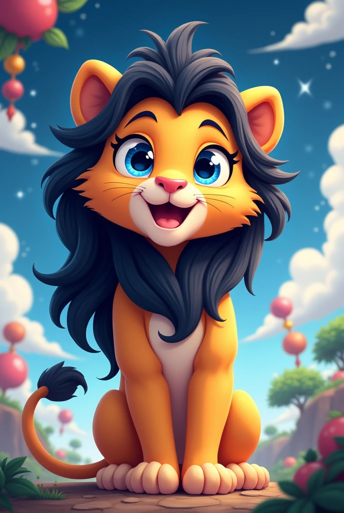 lion girl with blue eyes and black hair cartoon laughs