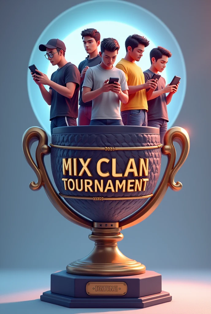 Create a trophy with the word Mix Clan Tournament with five players playing on cell phone