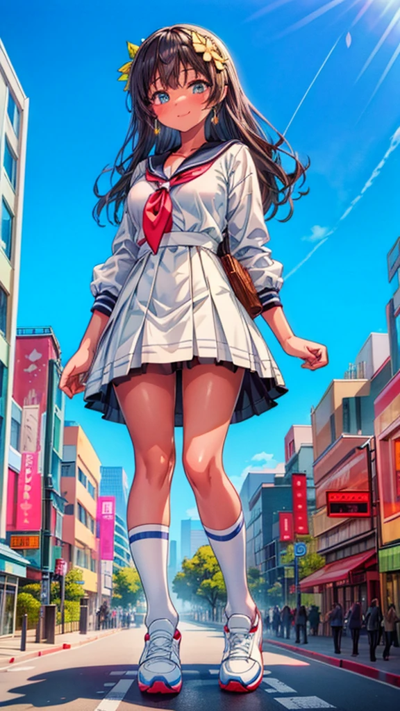 Composition viewed from below　blue sky　cumulonimbus　Sun light　masterpiece　((Brown skin))　((Sunburn))　Anime Style　Delicate painting　4K　90's　giant　Multiple Girls　crowd　 ((Black Hair))　　Metropolis　　　crowd　Crowd of people　((A giant schoolgirl standing in the valley of a skyscraper city))　Metropolis　Tokyo Akihabara Electric Town　Big Breasts　Sailor suit　　Her underwear is visible　Sweating profusely　Splash　sneakers　White socks　watch　Black Hair　　smile　　female giant giant girl Whole body 　 Crowd Unreal Engine,cleavage ,a drawing of a , earrings, long hair,Cute picture　Beauty　Analog style　whole body　sneakers