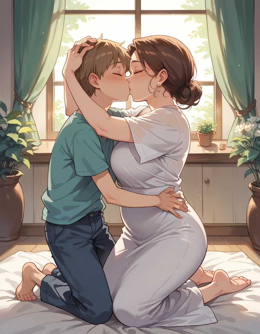 score_9, score_8_up, score_7_up, source_anime, 1boy, 1girl, mature female, mother and son, kid, hug, kiss, hand on head, kneeling,