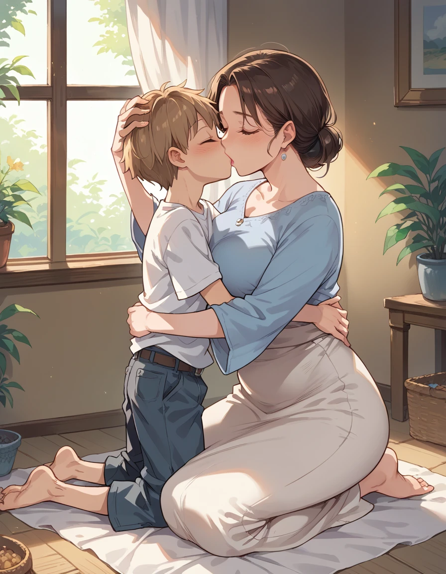 score_9, score_8_up, score_7_up, source_anime, 1boy, 1girl, mature female, mother and son, kid, hug, kiss, hand on head, kneeling,