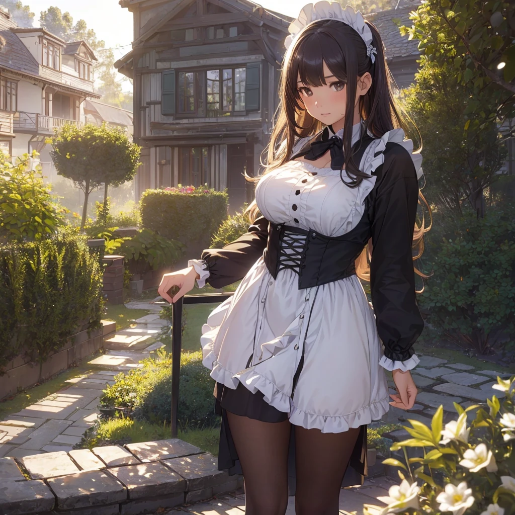 masterpieces,best quality,(ultra_detailed),3D,(realistic:1.9),(photorealistic:1.9),(light falloff at edges:1.9),shallow depth of field,sensual girl,in garden,at morning,western‐style house in the background,plump,(brown _pantyhose,)wavy long hair,built bangs,drooping eyes,wide-set eyes,lovely round eyes,looking away,round face, (maid costume),
