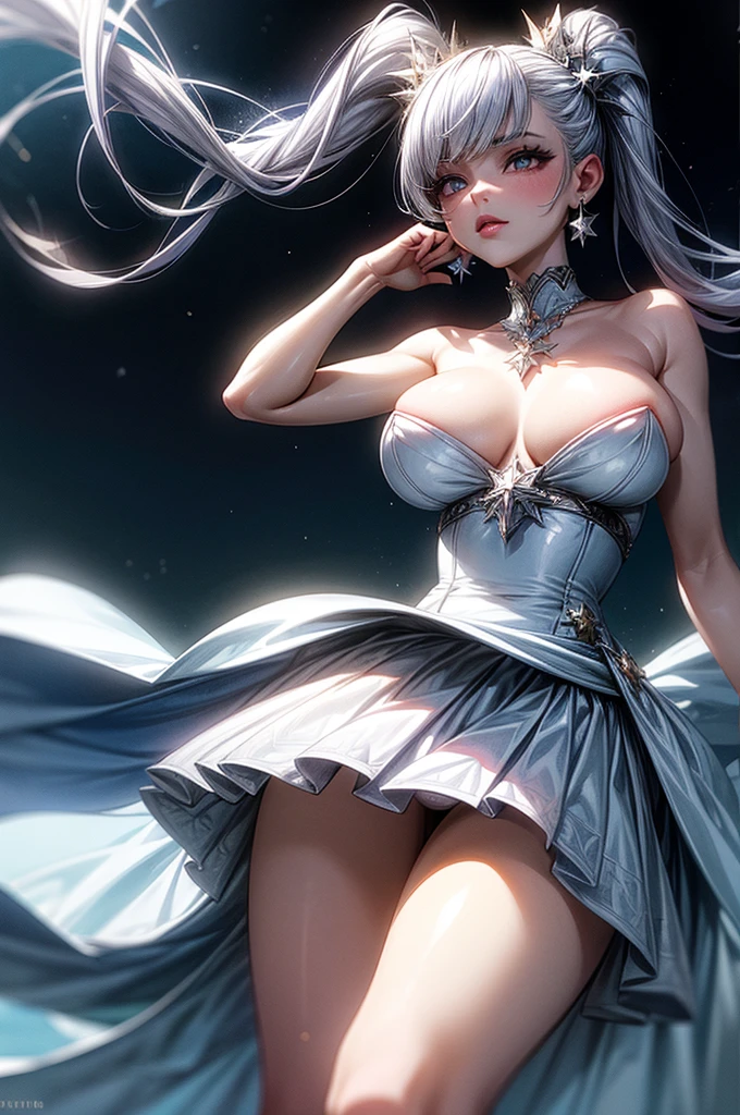 ((best quality)), ((masterpiece)), (detailed), beautiful young woman, royal and well defined facial features, alabaster white skin, oval shaped face, starry pink lips, starry pupiled eyes( 8 pointed star pupils), sleek and wavy two tone astral colored hair(moonlight blue, silver), twintails, slim thick, athletic build, D-cup breasts, slim waist, large round ass, short height(165cm), modern royal fantasy setting, elegant battle dress