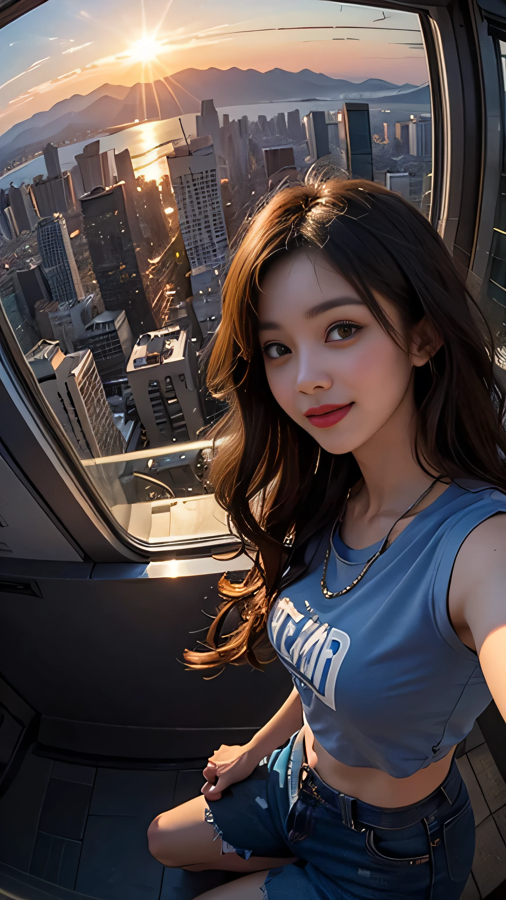 One girl, Korean, Fisheye Lens, Selfie, Wind, Messy Hair, sunset, Cityscape, (Aesthetics and atmosphere:1.2),smile