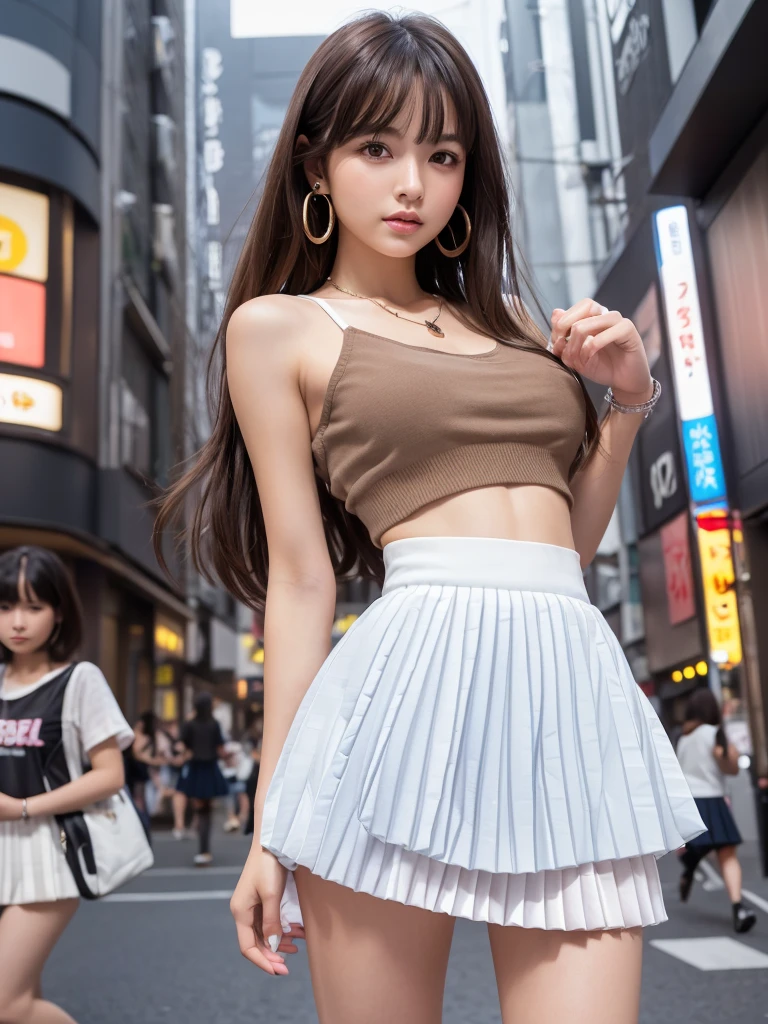 Product quality,1 girl,Cowboy Shot,Front view,Young and sexy Japanese girl,20-year-old,Harajuku,(Crowded street:1.4),Stylish blue shirt,wear,Fashionable bags,Fashionable necklaces,Fashionable earrings,((White super short micro pleated mini skirt:1.5)),wear,Very cute face,Glossy Lips,Double eyelids on both eyes,(Natural Makeup),shiny smooth light brown long hair,,,Asymmetrical bangs,Center image,8k resolution,Attention to detail,Detailed hairstyle,Detailed face,Cinema Lighting,Octane Rendering,Ultra-realistic,Perfect limbs,(Detailed fingers:1.5),Beautiful legs,Voluptuous thighs,Huge breasts,Perfect Anatomy,(Model pose:1.3)