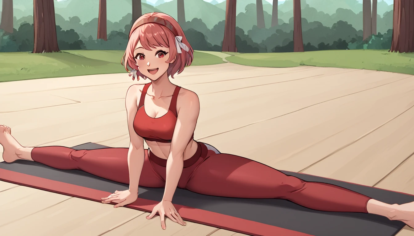 camp site, defLapis, pink short hair, hair ribbon, two-tone hairband, red yoga pants, red sports bra, 1girl, solo, Sitting, On the floor, Split Horizon, stretch, horizontal splits, stretch regs, hands on floor, smile, open mouth