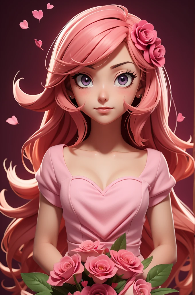 Yamer_passion, background red, petals, Heart, dead nature, Heart background, whole body, Pink, flowers, beautiful photo of a 22 year old Italian girl, (cartoon style, anime styling), 