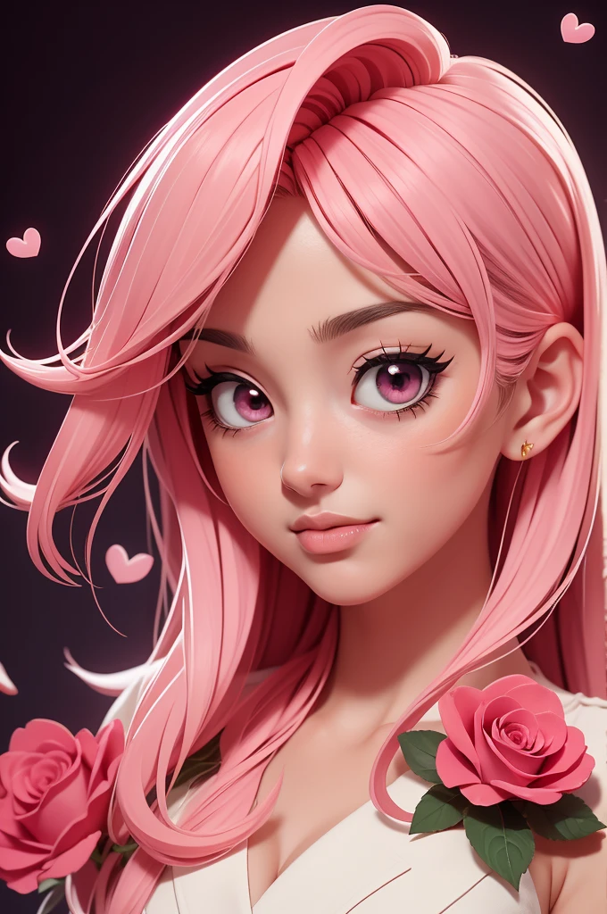 Yamer_passion, background red, petals, Heart, dead nature, Heart background, whole body, Pink, flowers, beautiful photo of a 22 year old Italian girl, (cartoon style, anime styling), 