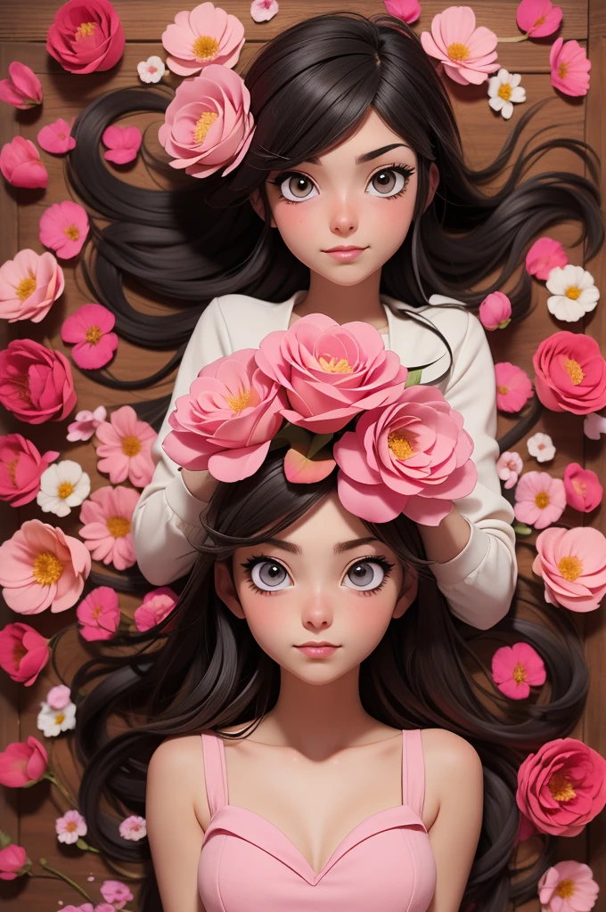 Yamer_passion, background red, petals, Heart, dead nature, Heart background, whole body, Pink, flowers, beautiful photo of a 22 year old Italian girl, (cartoon style, anime styling), 