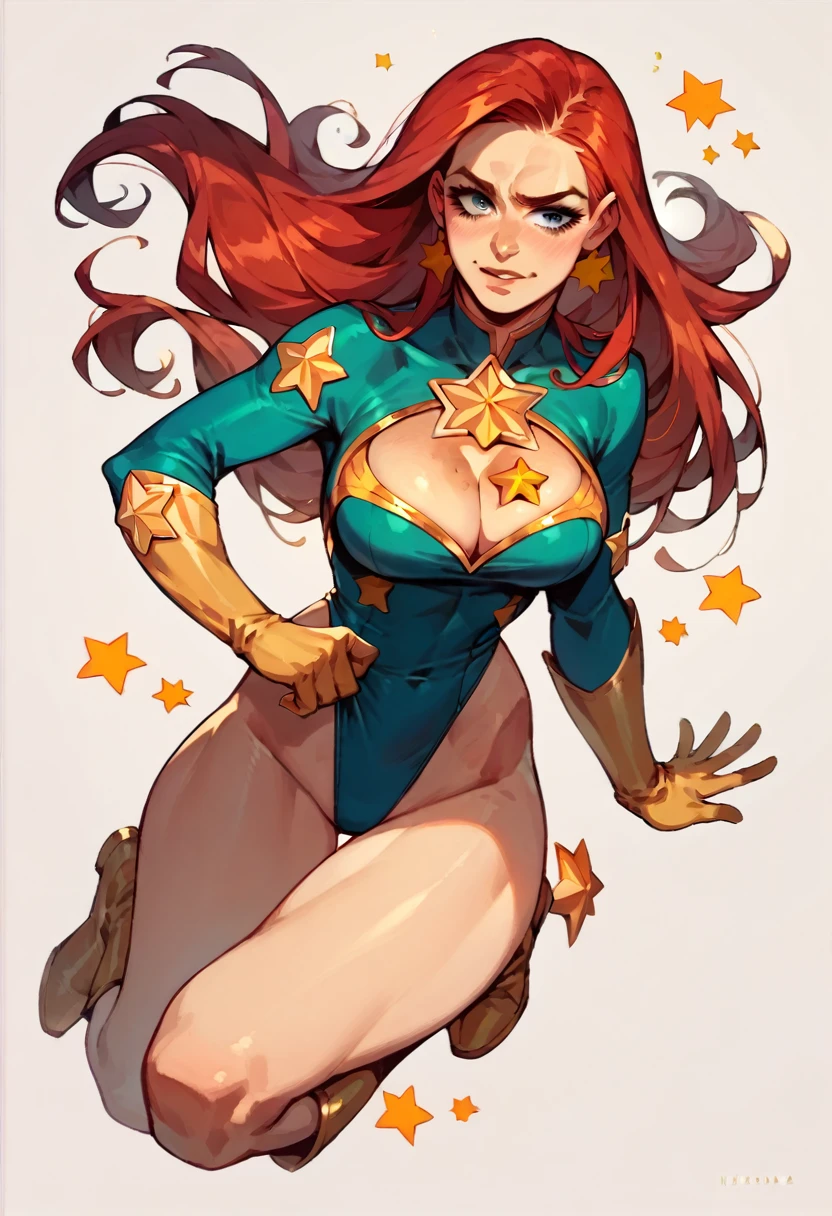 masterpiece, Sexy, Superheroine, Red hair, long hair, busty, ((blue highleg leotard with a t-back thong and a gold star insignia on chest)), gold boots, gold gloves, ((Cleavage Cutout))