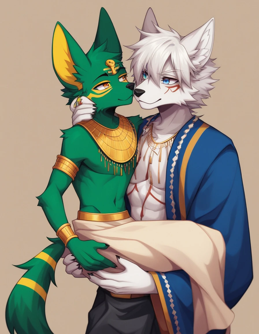  A teenage furry wolf, black in color, with green ears, white hair between his ears, and circles and lines under his eyes. He wears white leather clothes and carries the Egyptian flag next to the pyramids. On one of the pyramids is the name Ahmed. 