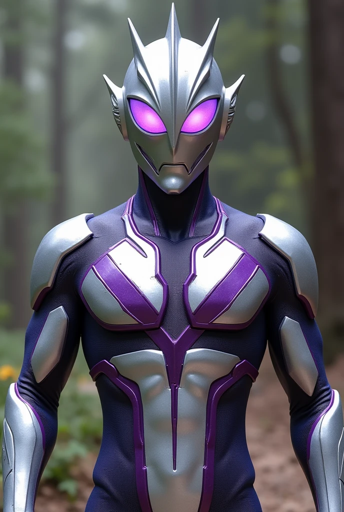 Silver Ultraman with purple touches and a voice