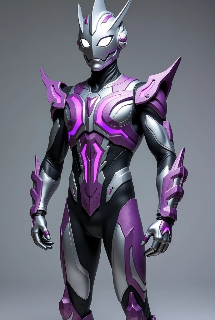 Silver Ultraman with purple touches and a voice 