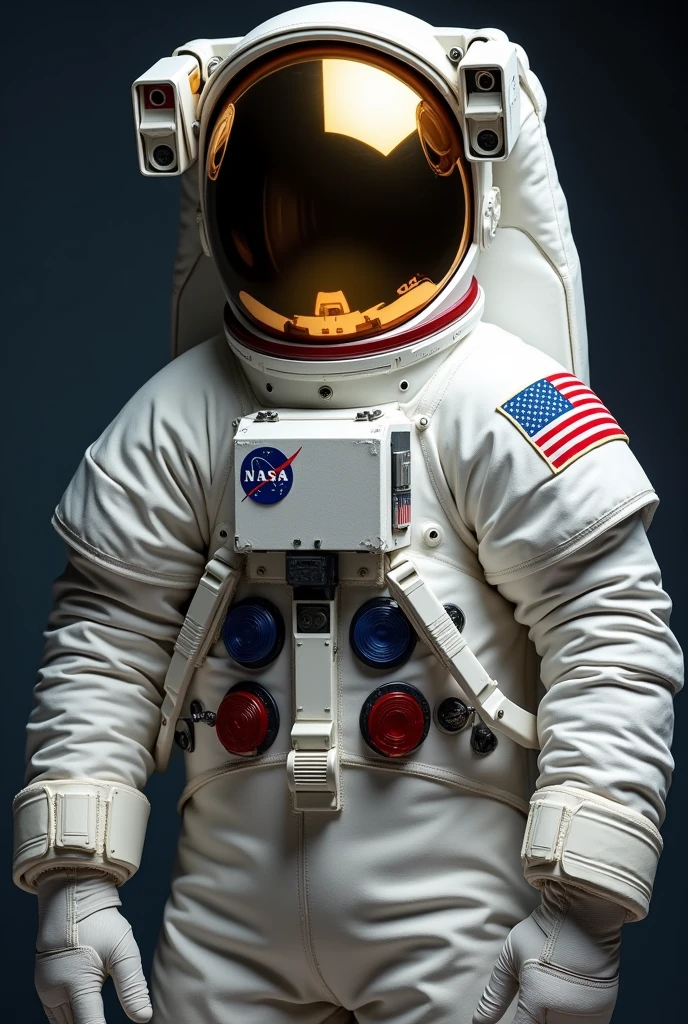 astronaut dressed in nasa mark 3 spacesuit, close up from the shoulder up. the photo must be a front portrait. I need it to be more forward.