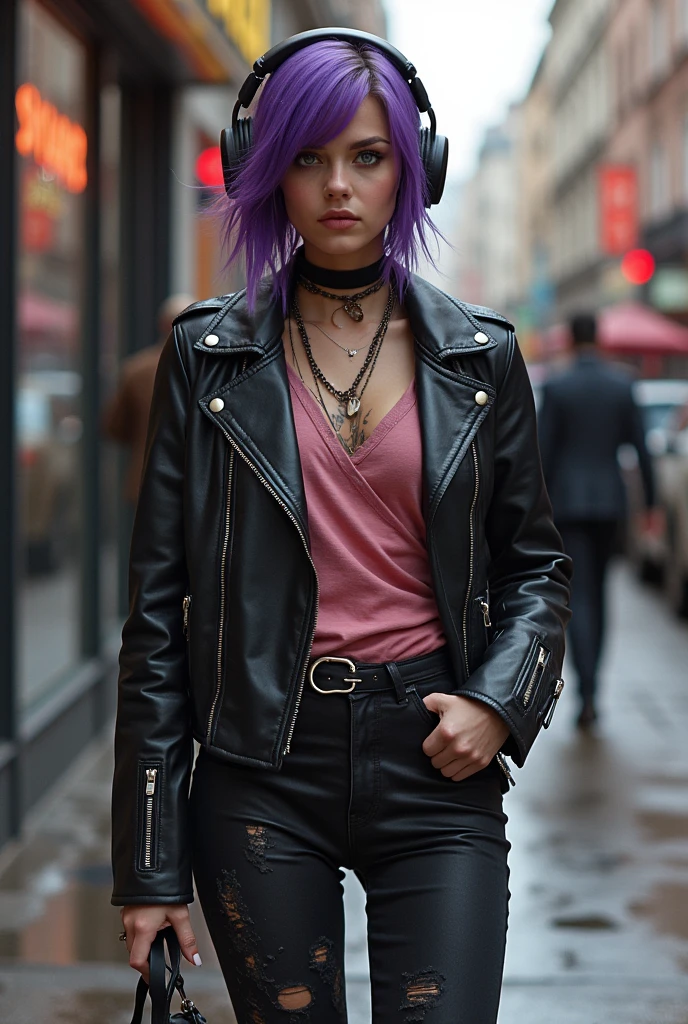 girl in a badass leather jacket with a coffee, girl with short hair headphones, with purple locks who has a laptop a leather jacket, with very tight black pants, He seemed to be wearing a chain around his neck, but I couldn't quite see it. , She is wearing high boots and seems to have a tattoo on her neck although I couldn't really see what it was., because it was covered with a lock of her hair, The third one had dyed hair and was wearing a pink shirt., very pink, for my taste and some jeans that looked like they had been splashed by different types of paint all over the pants,
