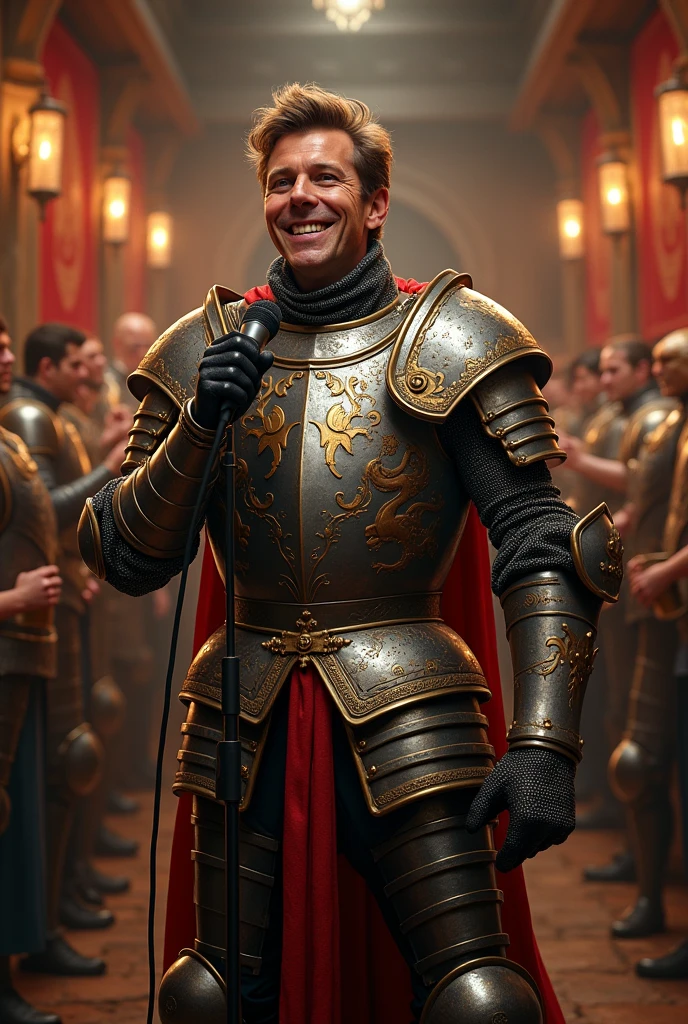 Rick astley in a medieval armor with a medieval armor singing with a microphone and a band in a medieval tavern