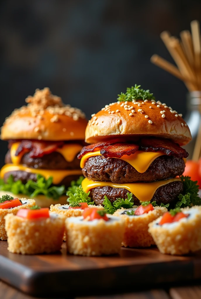 2 burgers with cheese and bacon along with 10 tempura sushi cuts 
