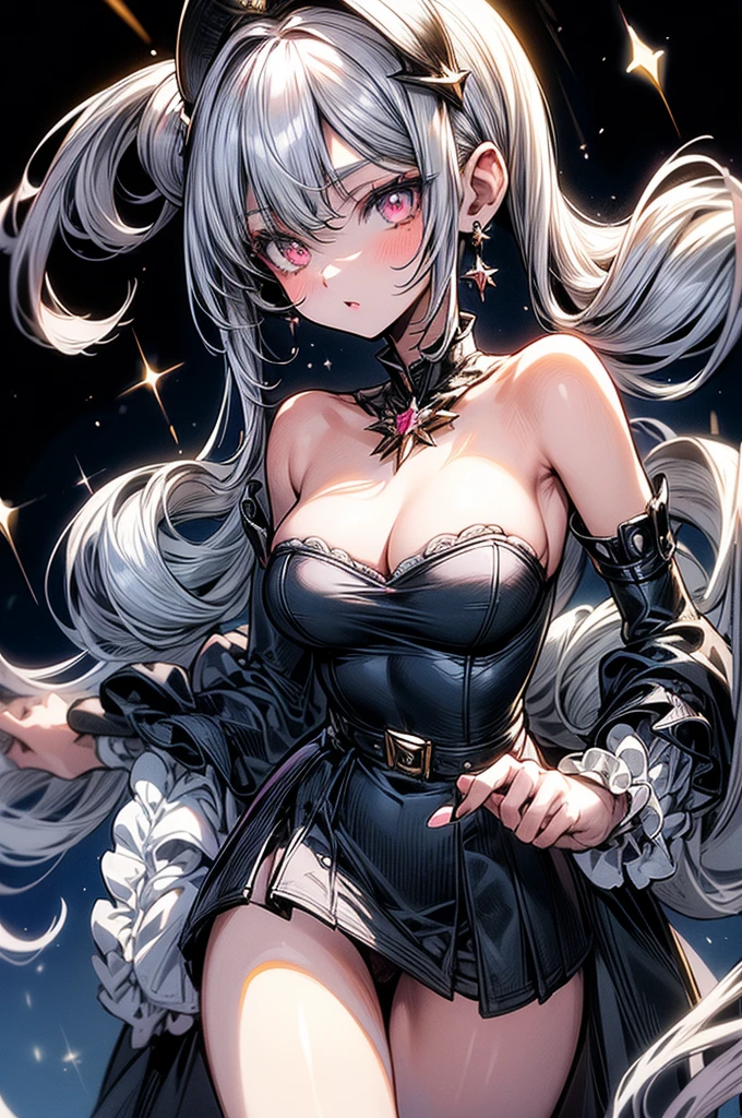 ((best quality)), ((masterpiece)), (detailed), beautiful young woman, royal and well defined facial features, alabaster white skin, oval shaped face, starry pink lips, starry pupiled eyes( 8 pointed star pupils), sleek and wavy two tone astral colored hair(moonlight blue, silver), twintails, slim thick, athletic build, D-cup breasts, slim waist, large round ass, short height(165cm), modern royal fantasy setting, elegant battle dress