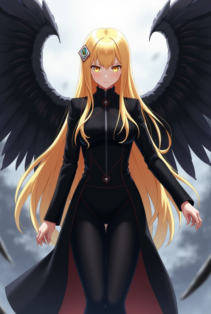 blonde anime girl with long hair, with large black wings and bright yellow eyes, Black official uniform of the KaijuNo Third Defense Division.8
