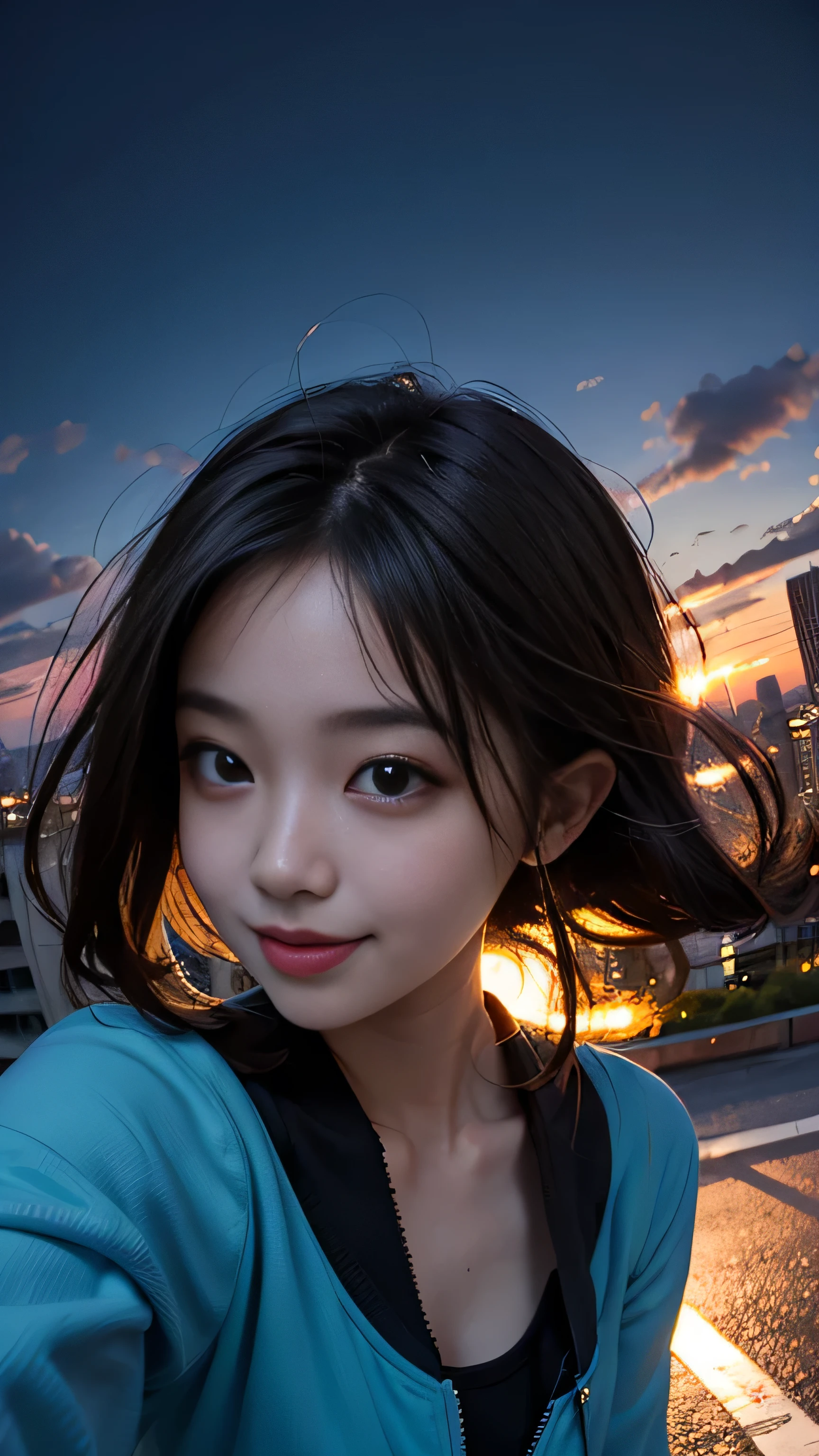 One girl, Korean, Fisheye Lens, Selfie, Wind, Messy Hair, sunset, Cityscape, (Aesthetics and atmosphere:1.2),smile